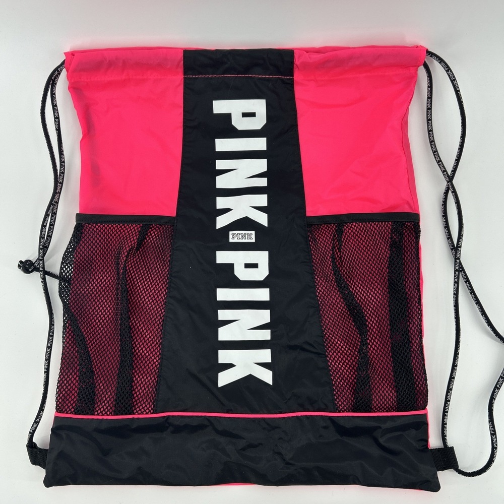 Victoria's Secret Hot PINK Logo Drawstring Tote Bag Backpack Book Campus Weekend